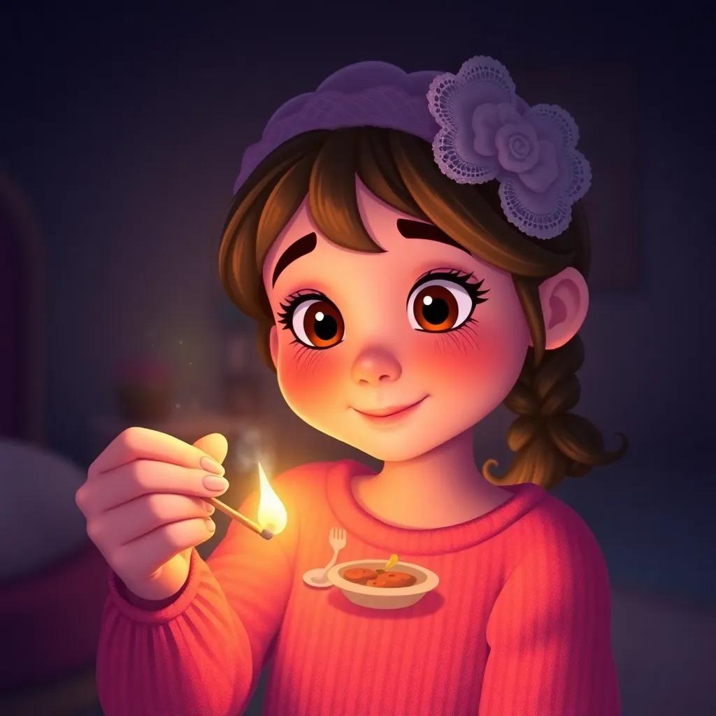 Lily striking a match, with a warm flame lighting up her face, revealing a cozy room with a fire and a table of food in her imagination, soft glow, child-like art, vibrant colors, magical scene, high quality