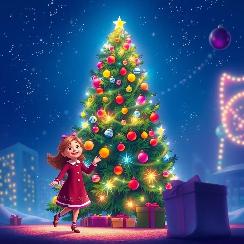 A tall Christmas tree with colorful ornaments and sparkling lights in Lily's dream, with her smiling and dancing around it, joyful atmosphere, bright colors, enchanting illustration, high quality