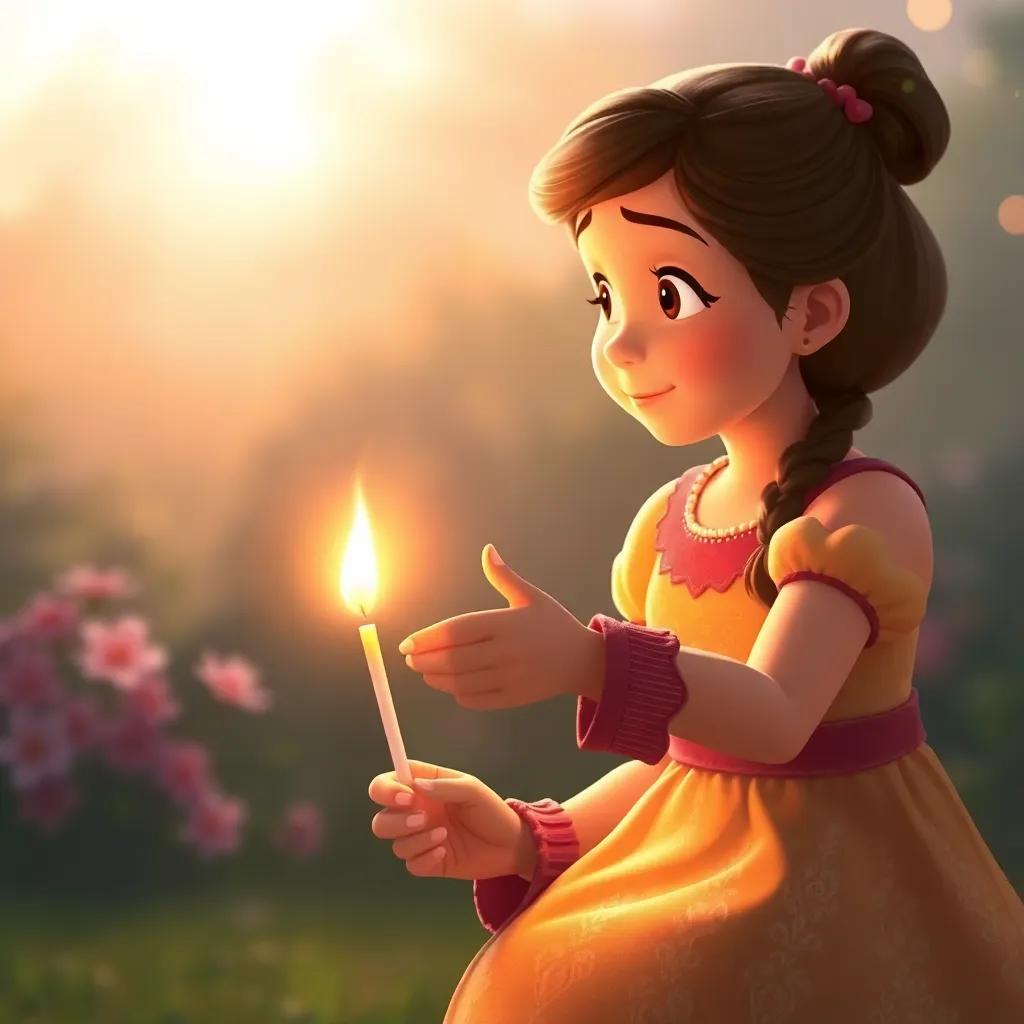 Lily lighting the last match, seeing her loving grandmother with open arms in the warm glow of the flame, a magical moment, wishful thinking, soft light, heartwarming scene, high quality