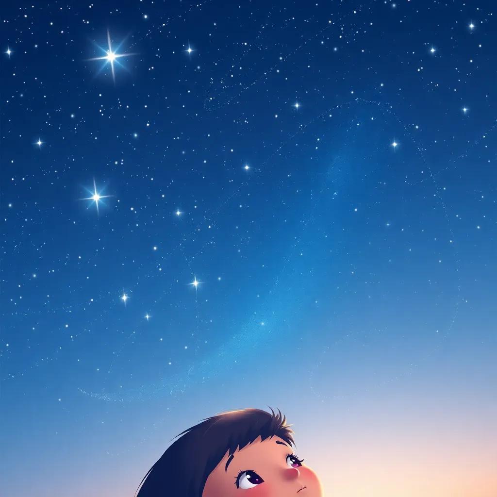 A starry night sky above Lily's head, with twinkling stars shining brightly, peace and hope in the air, serene and beautiful art, high quality