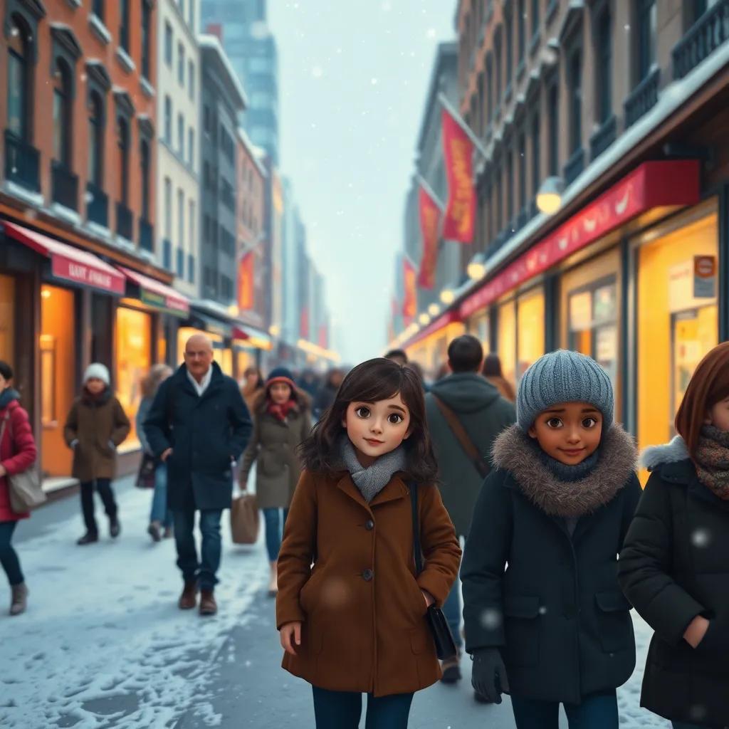 People walking by, wrapped in their own worlds, unaware of Lily's dreams, snowy street, busy city life, blend of colors, thoughtful scene, high quality