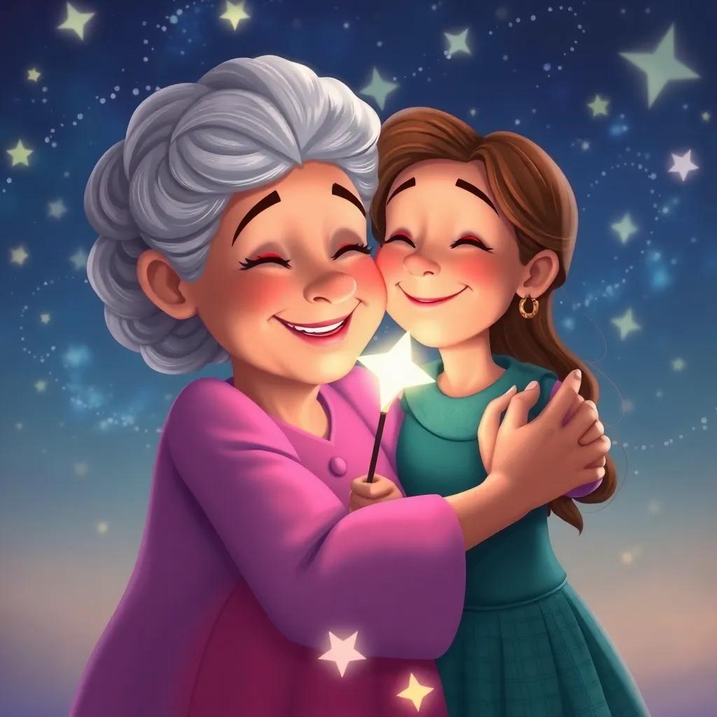 Lily with her dreams, smiling and hugging her grandmother, filled with love and warmth, the stars shining bright around them, heartwarming scene, enchanting art, high quality