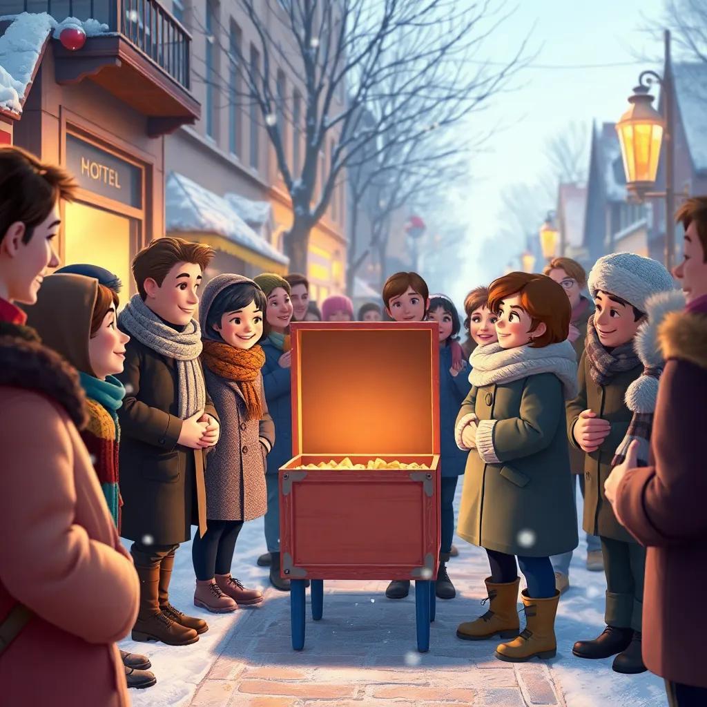 People gathering around the empty matchbox, inspired by Lily's wishes, sharing love and warmth with smiles, snowy street in the morning light, hopeful atmosphere, community spirit, high quality