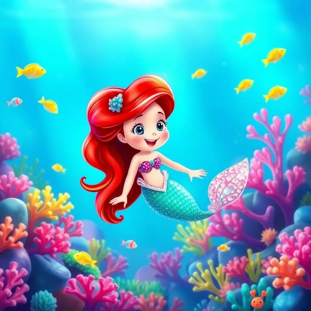 A little mermaid with bright red hair and a sparkling tail, swimming happily in a colorful coral reef with fish, digital art, vibrant colors, cheerful underwater scene, high quality