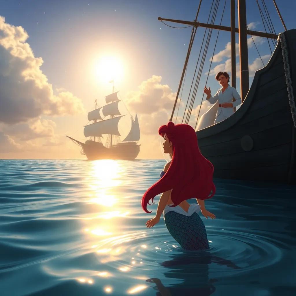 A little mermaid surfacing to see a big ship with a handsome prince laughing and dancing, sunlight shimmering on the water, magical atmosphere, high quality