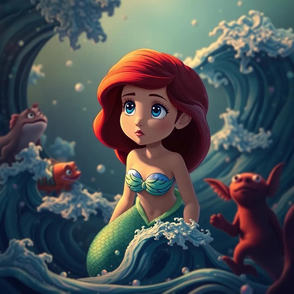 The little mermaid looking determined, thinking about becoming part of the human world, surrounded by waves and ocean creatures, thoughtful mood, warm lighting, high quality