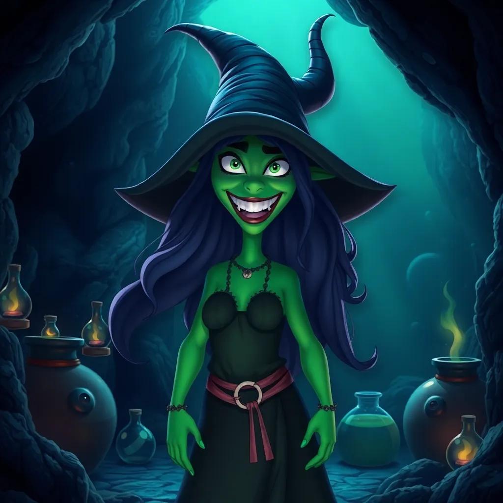 The sea witch with green skin and a wicked smile, standing in a dark underwater cave with potions and spells, mysterious atmosphere, deep blues and greens, high quality