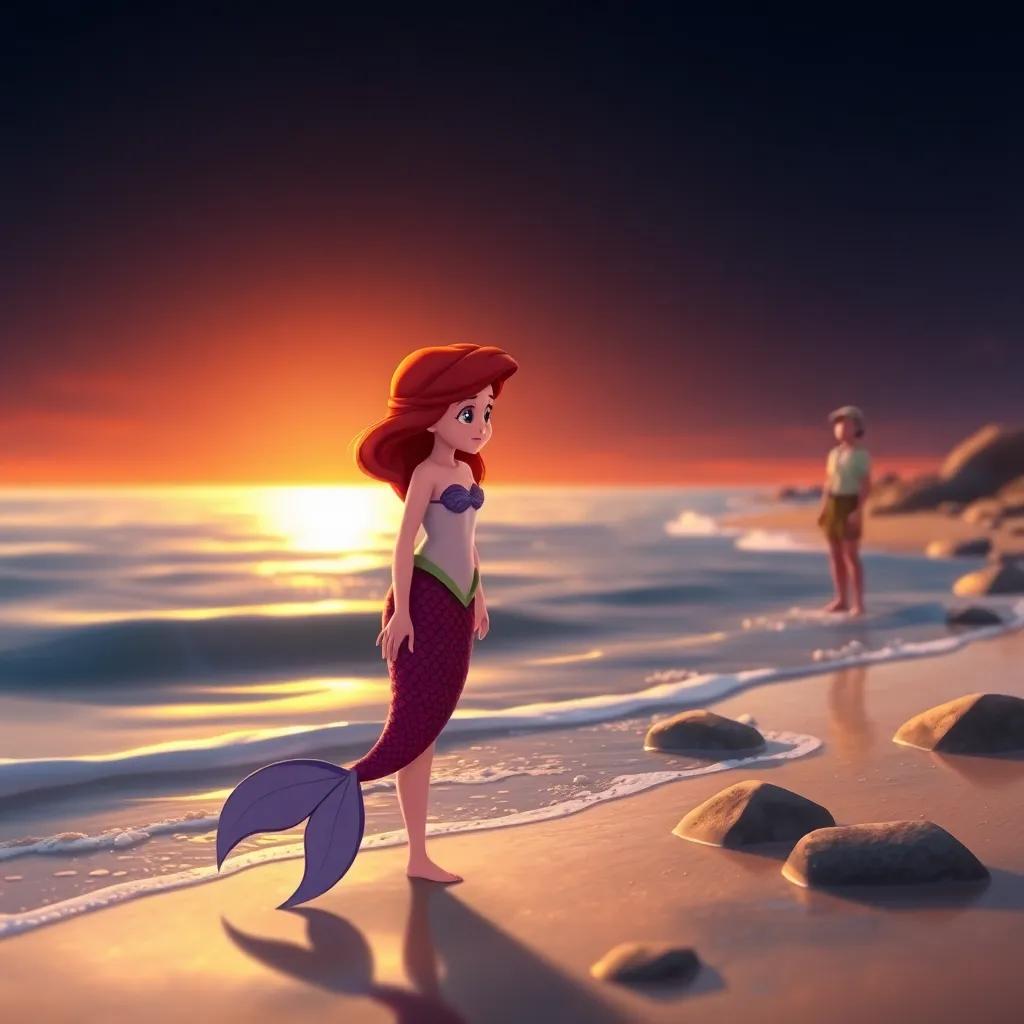 The little mermaid with legs and a sad expression, standing on the shore looking at the prince, warm sunset lighting, touching moment, high quality