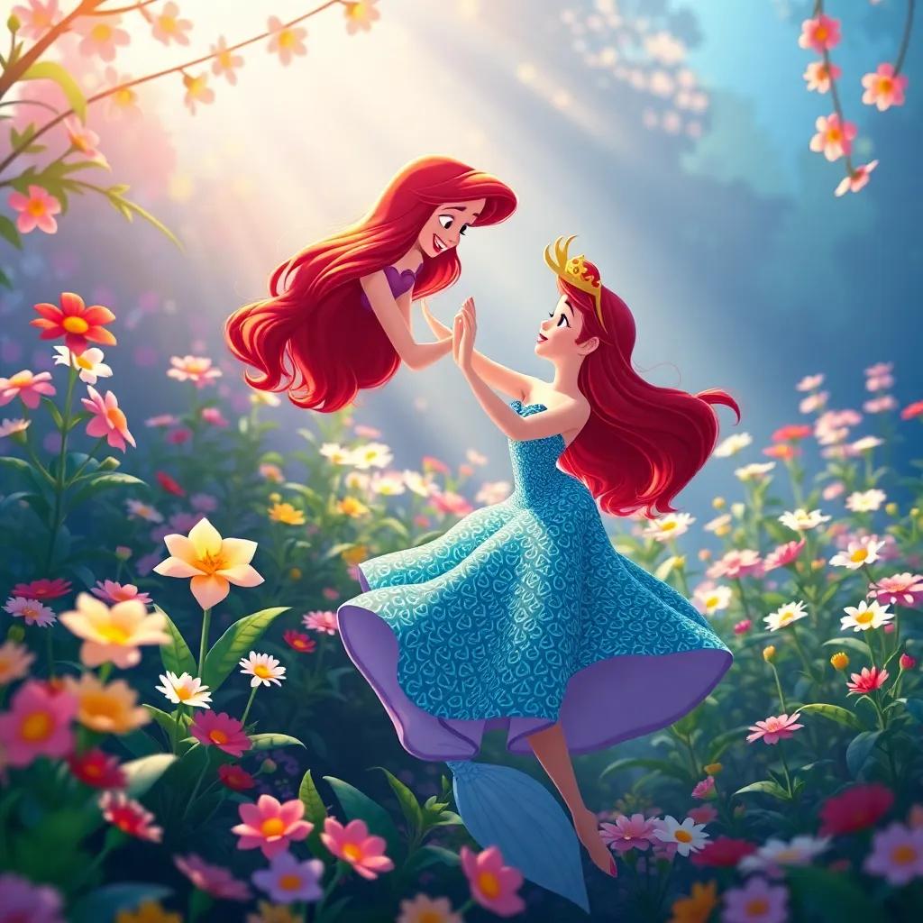 The little mermaid dancing joyfully for the prince, in a beautiful garden filled with flowers, embracing the moment, colorful and serene, high quality