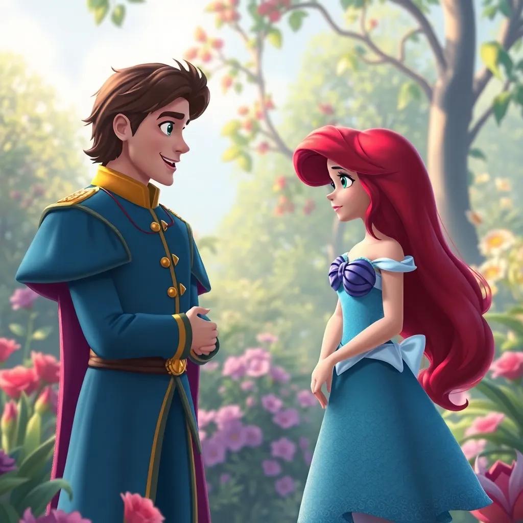 The prince meeting another girl with a lovely voice, the little mermaid looking on with a broken heart, vibrant garden setting, emotional mood, high quality