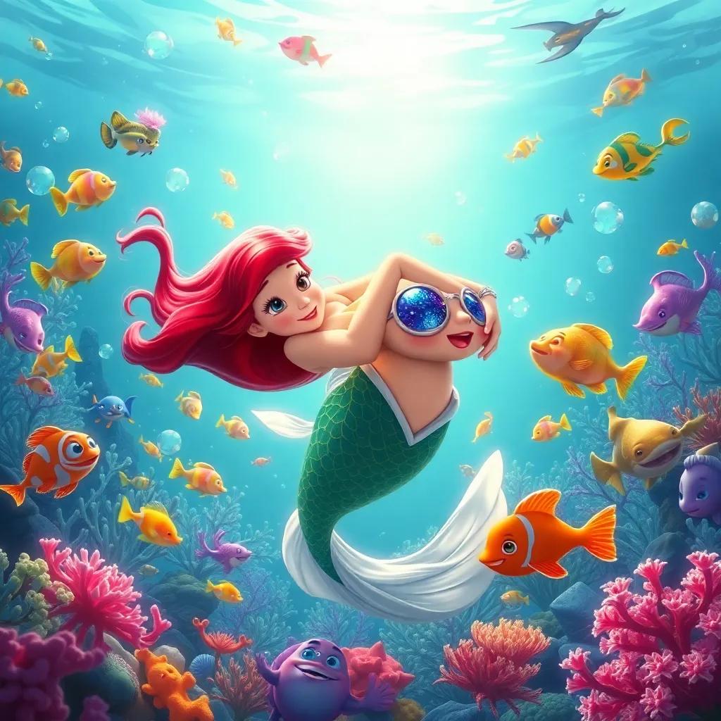 A beautiful ocean scene with the little mermaid embracing her new form, surrounded by colorful fish and sea life, joyful and bright, high quality