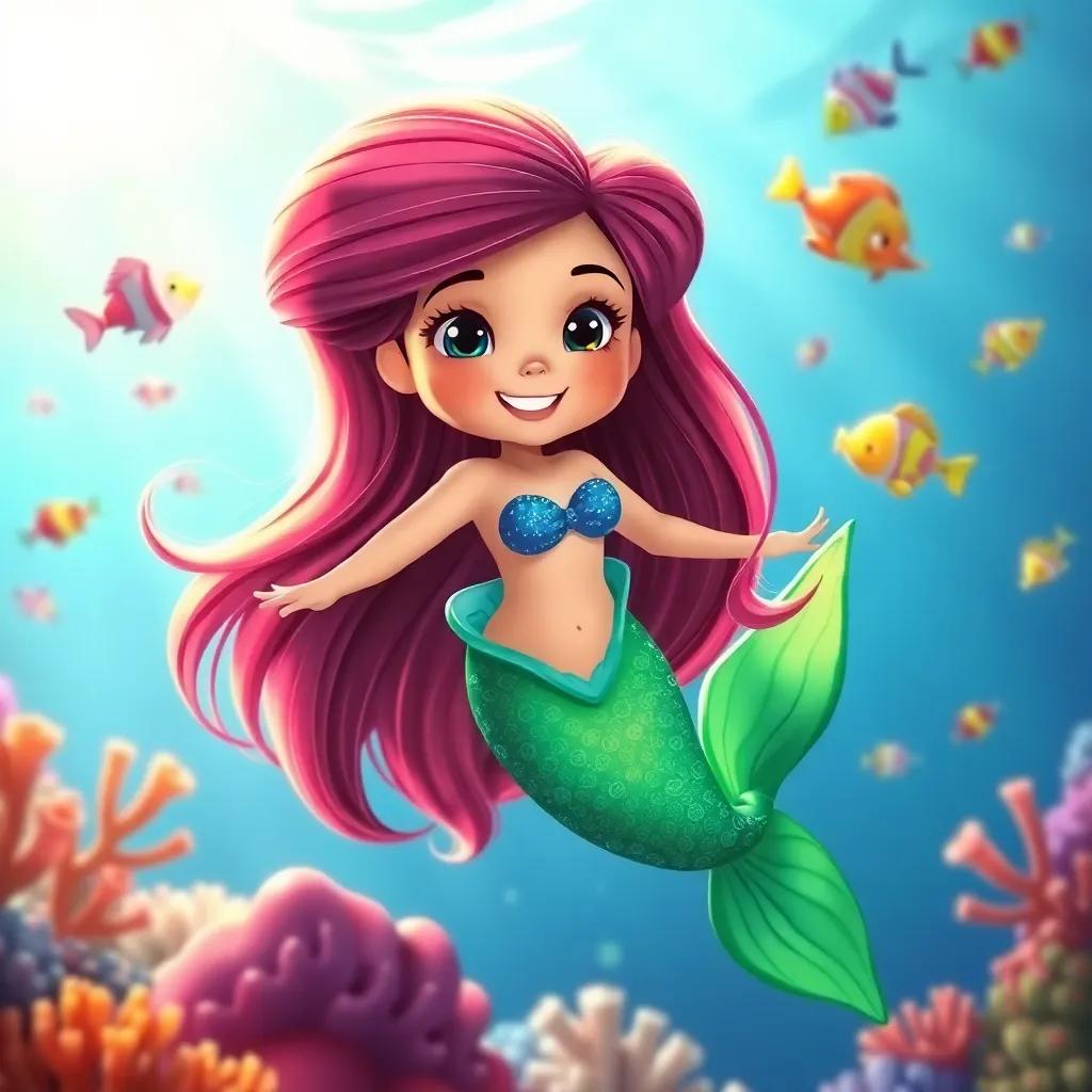 A little mermaid named Mira, with long flowing hair and a shimmering green tail, swimming happily in a colorful coral reef with fish around her, digital art, vibrant colors, warm light, cheerful atmosphere, high quality