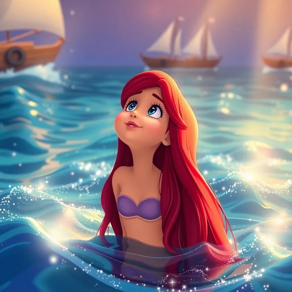 Mira, the little mermaid, looking up at boats above the waves with a longing expression, surrounded by sparkling water and sunlight, digital art, bright colors, whimsical atmosphere, high quality