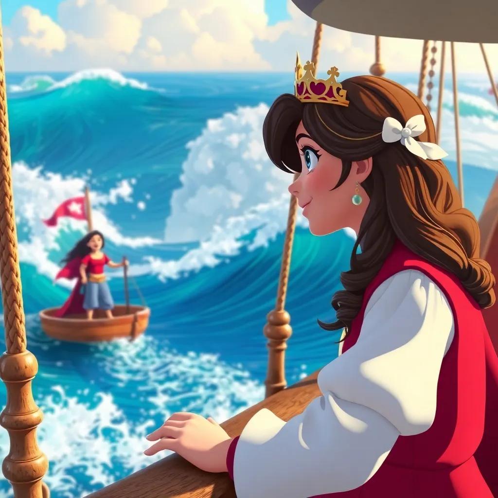 Mira gazing at a handsome prince on a ship, with beautiful ocean waves behind her, her heart racing as she watches him laugh with friends, digital art, colorful, dreamy, high quality