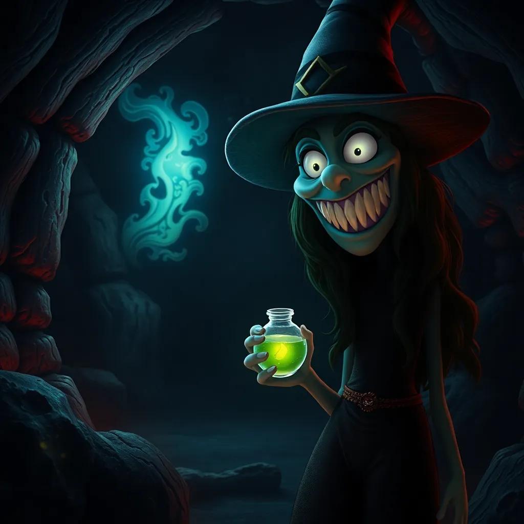 Mira at the dark sea witch's lair, looking scared, with the witch holding a glowing potion in her sharp-toothed grin, eerie atmosphere, digital art, dark colors, high quality