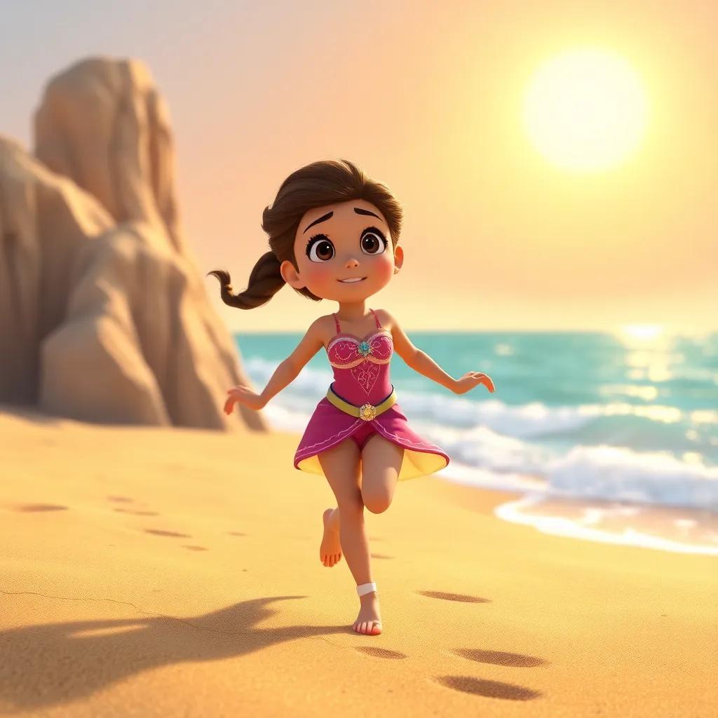 Mira, now with legs, standing on a sandy beach, looking excited yet nervous as she runs toward the prince, sun shining brightly, digital art, cheerful, warm light, high quality