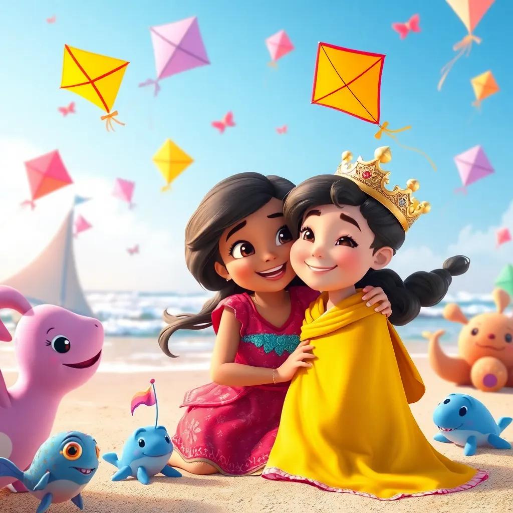 Mira smiling and playing with the prince by the beach, with colorful kites flying in the air, surrounded by happy sea creatures, digital art, bright colors, joyful atmosphere, high quality