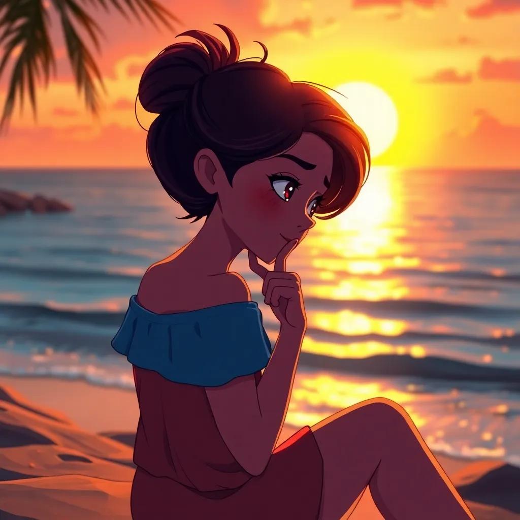 Mira thinking deeply as she sits by the sea, with a beautiful sunset in the background, her heart filled with mixed emotions, digital art, warm colors, reflective atmosphere, high quality