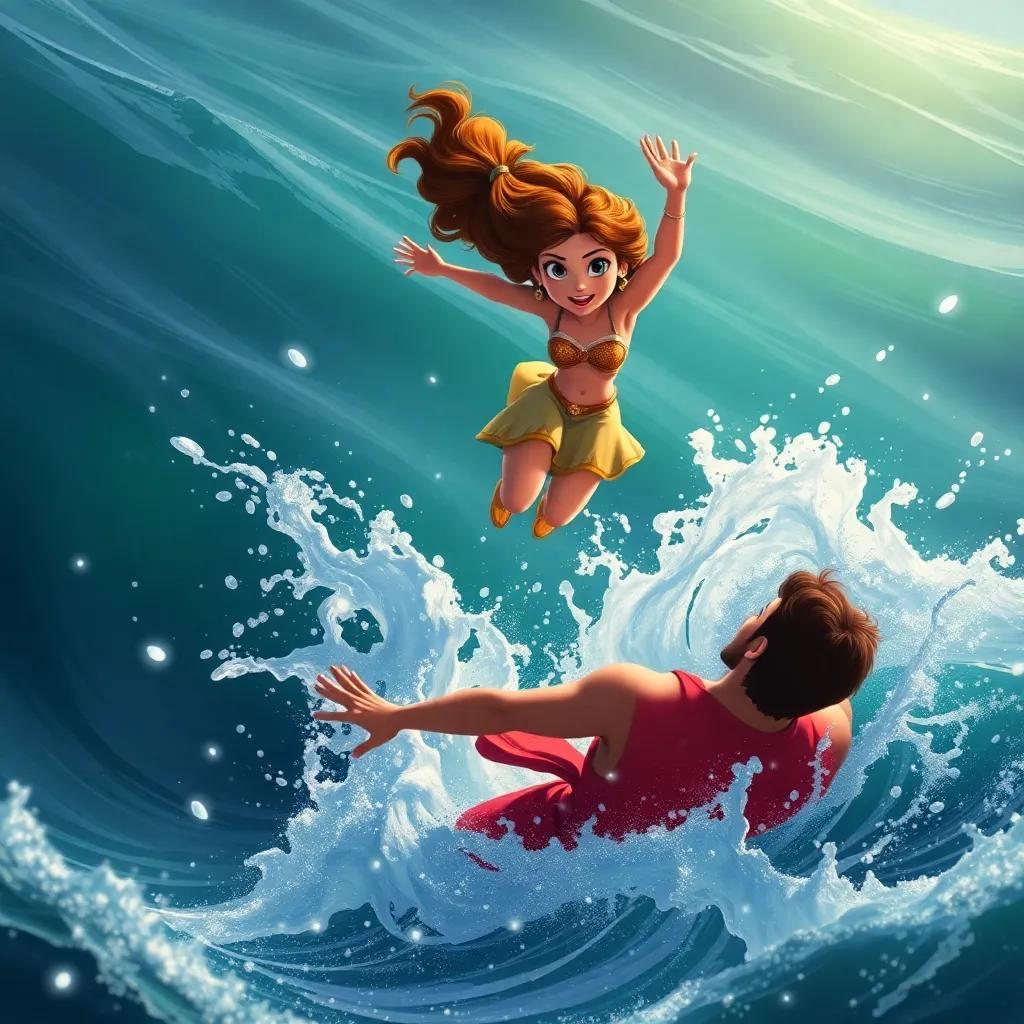 Mira jumping heroically into the sea to save the prince, who is struggling in the waves, with splashes of water around and a sense of urgency, digital art, dramatic light, high quality