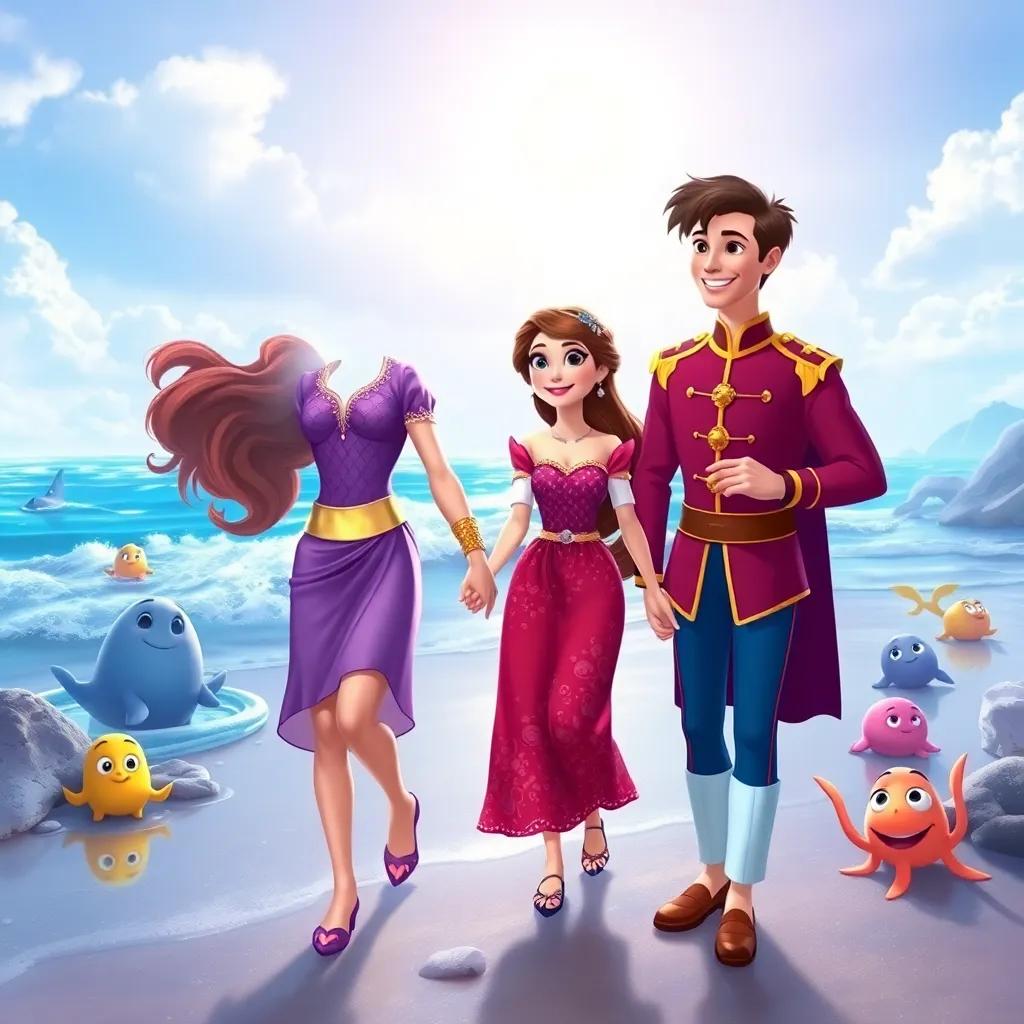 Mira at the prince's side, smiling together as they walk along the shore hand in hand, surrounded by friends and happy sea creatures, digital art, vibrant colors, uplifting atmosphere, high quality