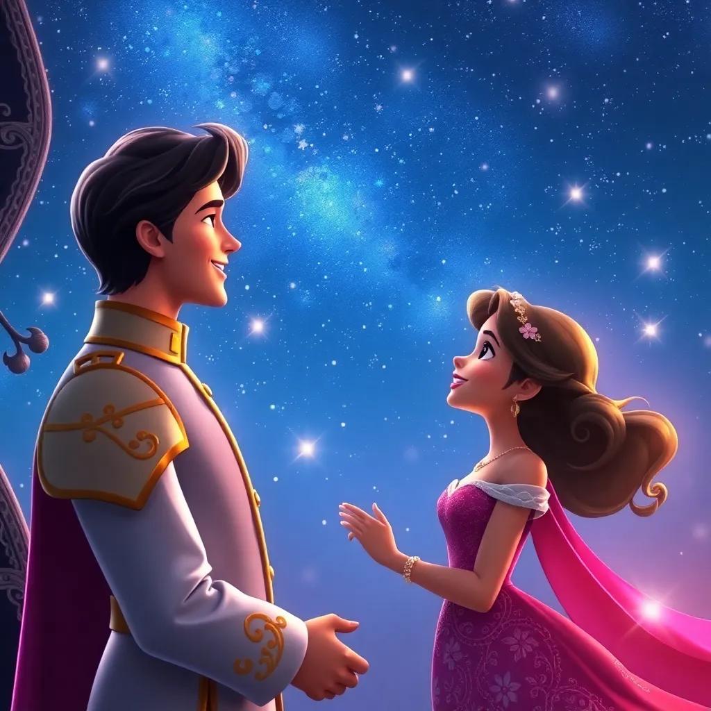 Mira and the prince sharing a beautiful moment under the stars, with twinkling lights and a sense of magic in the air, digital art, enchanting colors, romantic atmosphere, high quality