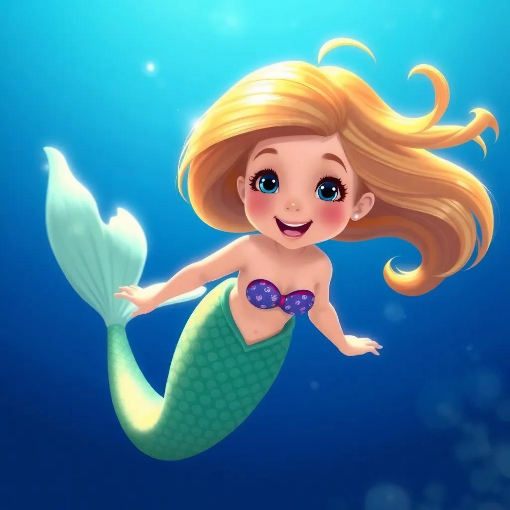 A young mermaid named Mira, with shiny golden hair and a sparkling green-blue tail, swimming joyfully in the big blue ocean, digital art, vibrant colors, cheerful atmosphere, high quality