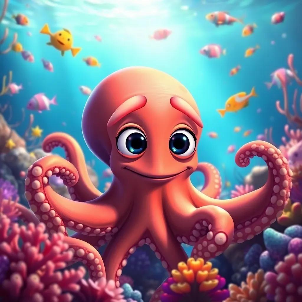 Mira visits a wise old octopus named Ollie, with big expressive eyes and a playful smile, in a colorful coral reef filled with fish and sea plants, illustration, warm light, friendly atmosphere, engaging view