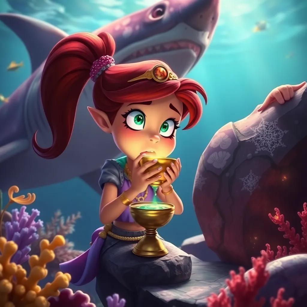 Mira, excited and nervous, drinking a magic potion from a glowing chalice near a large rock, surrounded by vibrant sea life and a fierce old shark in the background, fantasy art, dynamic colors, magical atmosphere, high quality