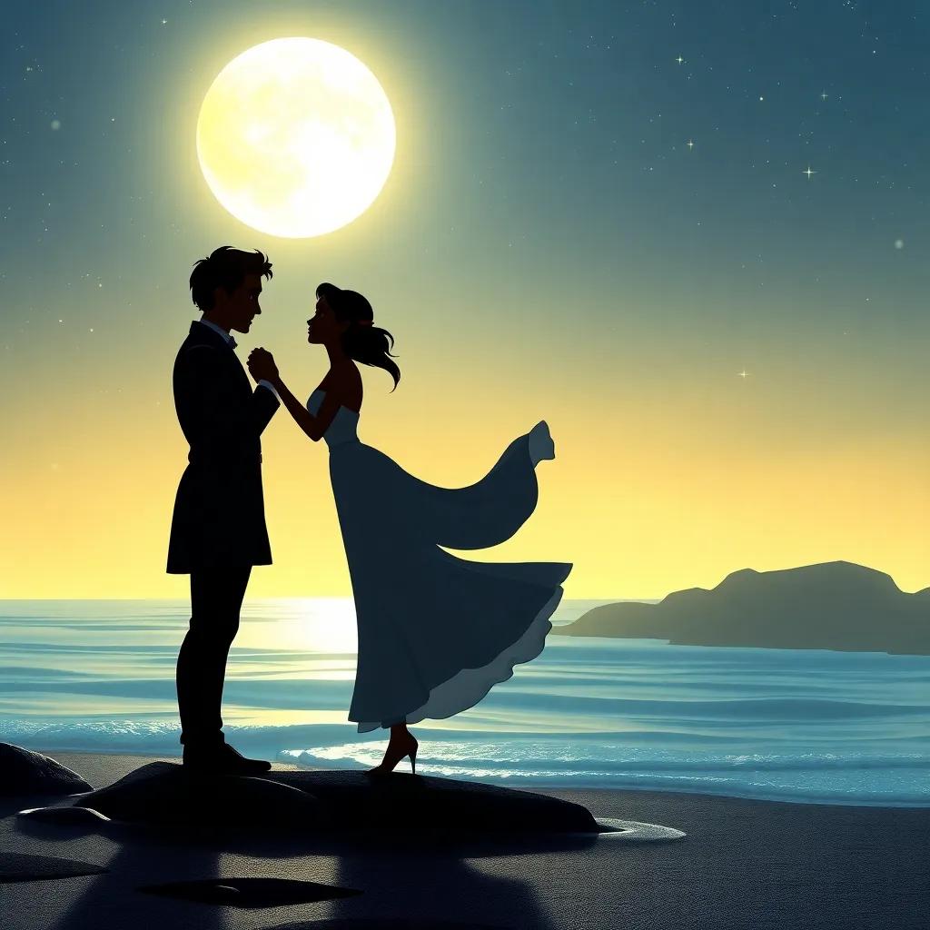Mira dancing with a handsome prince by the seashore under the moonlight, their silhouettes against a starry sky with gentle waves lapping at their feet, romantic style, soft glow, enchanting ambiance, high quality
