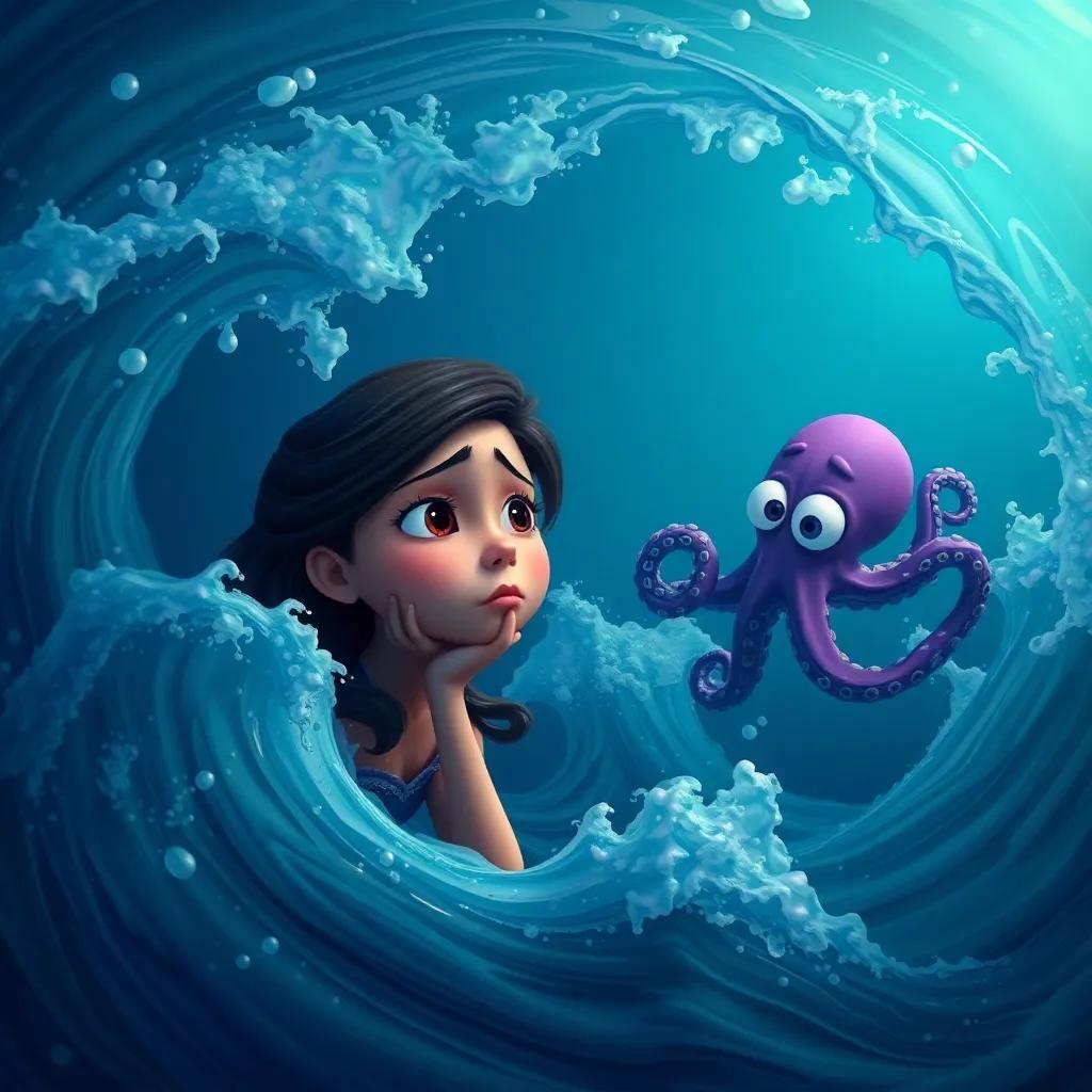 Mira feeling torn, surrounded by swirling ocean waves, her head bent in thought, while Ollie the octopus appears to offer advice in an emotional underwater scene, dramatic lighting, expressive expressions, high quality