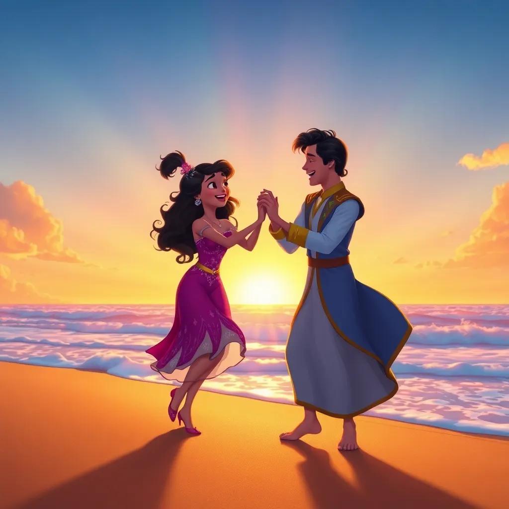 Mira and the prince laughing and dancing together on the beach, where the ocean meets the golden sand, with colorful sunsets behind them, lively art, magical rays of light, heartwarming scene, high quality