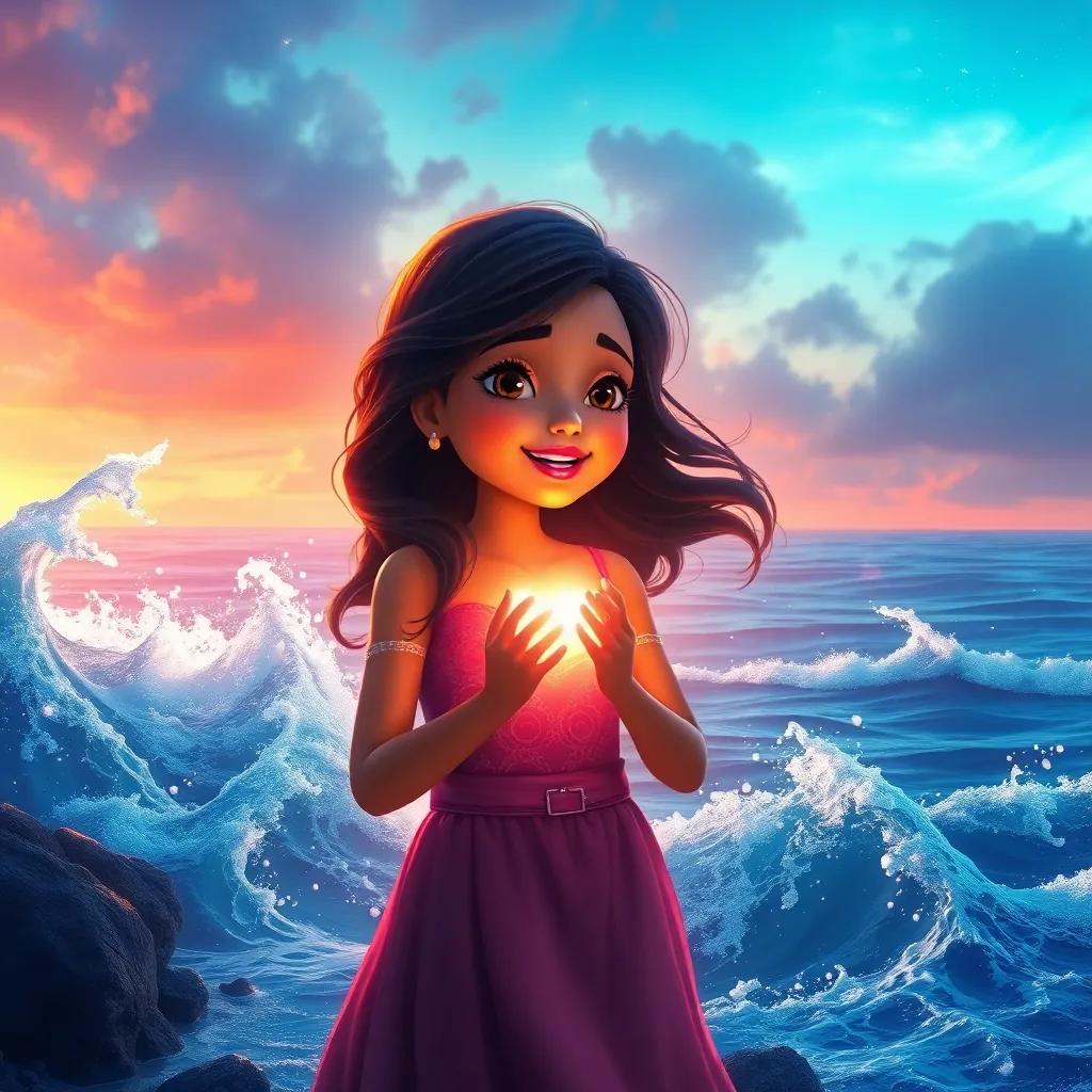 Mira at the edge of the ocean, speaking from her heart, with a bright glow surrounding her, as echoes of her true voice flow like magical waves, dreamlike art, vibrant colors, powerful atmosphere, high quality
