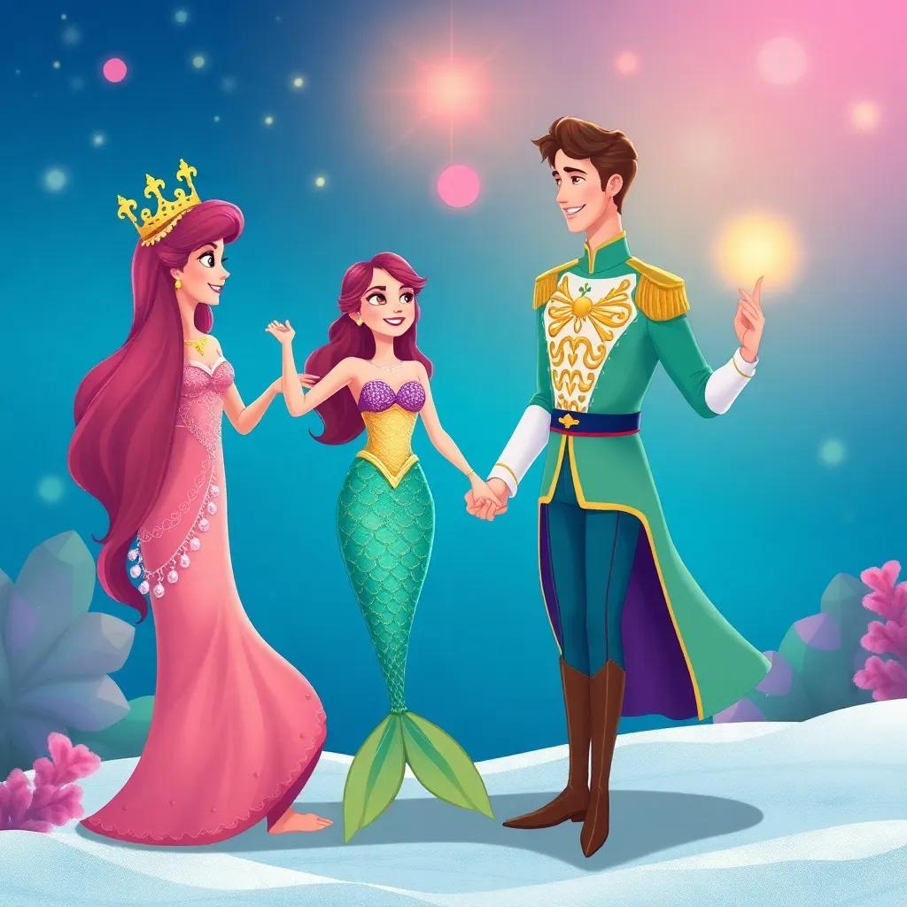 Mira and the prince hand in hand, blending the ocean and land, with both mermaids and humans celebrating love together, digital illustration, festive colors, joyful scene, high quality