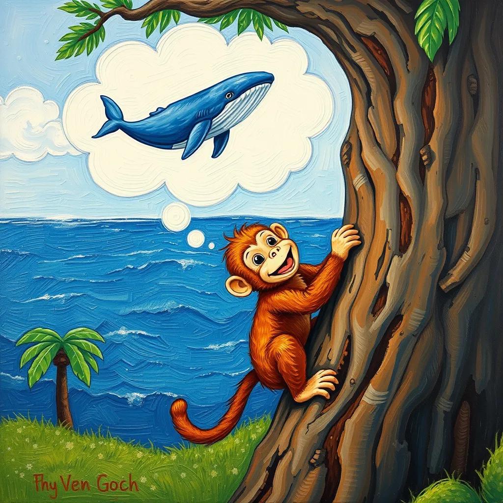 The little monkey, climbing happily down a tree with determination, a thought bubble showing a big whale gliding through the ocean, playful style, bright colors, imaginative scene, high quality