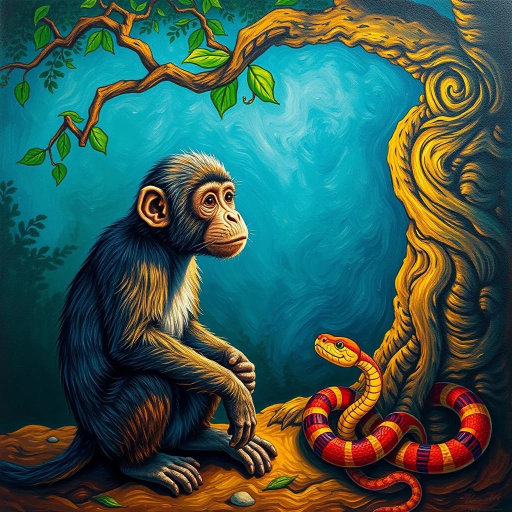 The monkey looking thoughtful with a twisty tree and a snake nearby, showing the little monkey's dream of being a feared snake, colorful, warm light, storytelling view, high quality