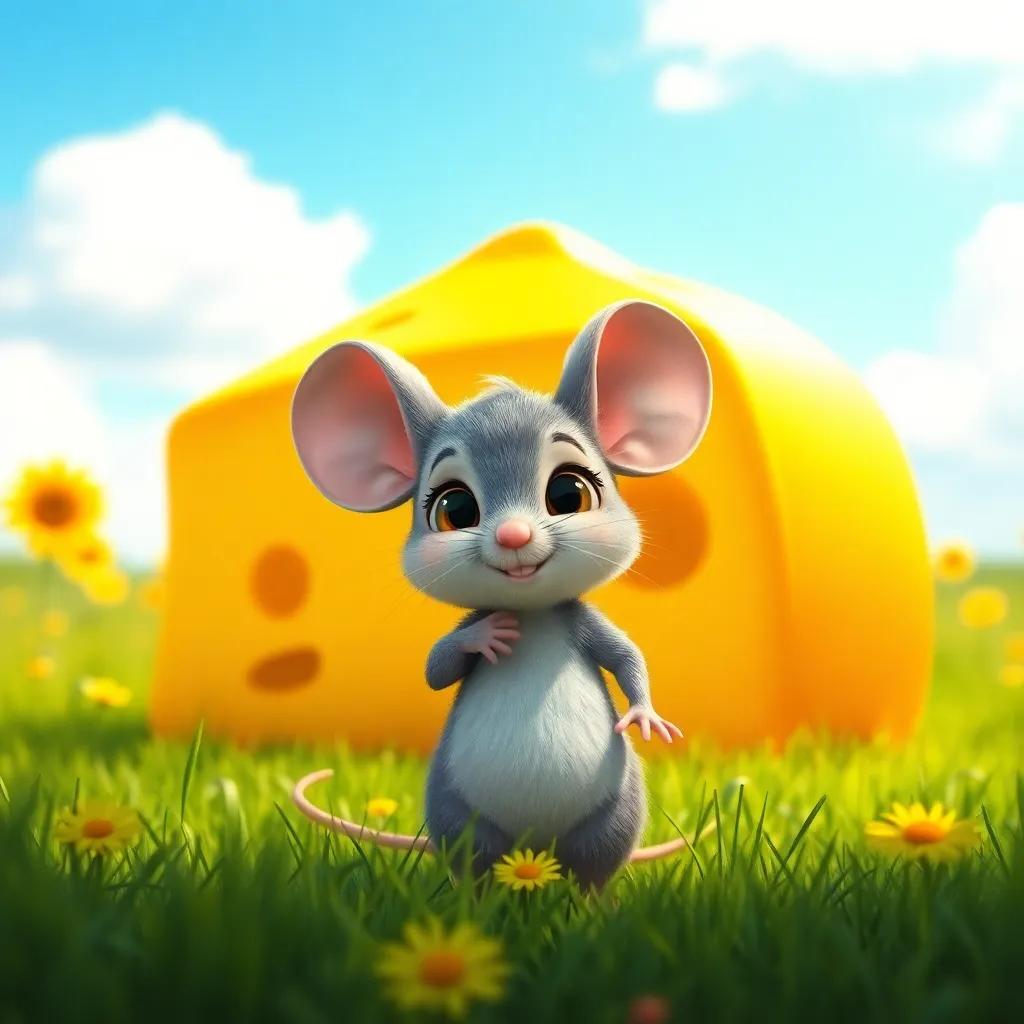 A little mouse named Mimi, with gray fur and big ears, standing proudly in front of a giant golden cheese in a sunny meadow, bright and cheerful, digital art, vibrant colors, inviting atmosphere, high quality