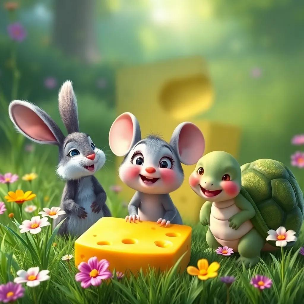 Mimi, a little mouse, with two friends, Max the rabbit with fluffy fur and long ears and Tilly the turtle with a green shell, looking amazed at the giant cheese, lush grass and flowers around, joyful expression, illustration, colorful, high quality