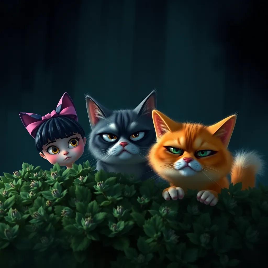 Mimi, Max, and Tilly hiding behind a bush, looking at two grumpy cats with fluffy tails and narrowed eyes, dark and moody atmosphere, tension in the air, digital painting, vivid details, heart-pounding