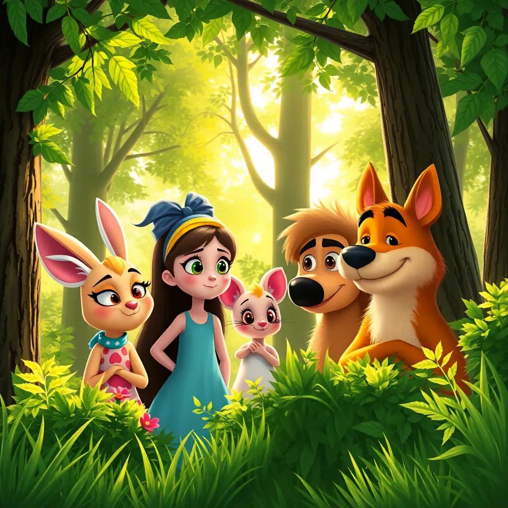 The friends discussing their plan behind the bushes, Mimi with a determined face, Tilly with a thoughtful expression, and Max looking mischievous, bright sunlight breaking through the trees, digital area, detailed, colorful