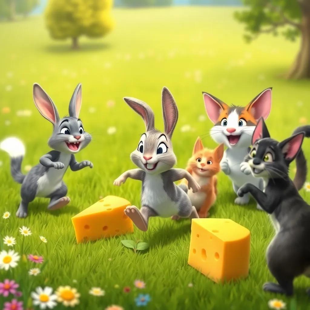 Max the rabbit, hopping away playfully while the cats chase him, the other two friends getting ready to roll the cheese, meadow background with flowers and trees, humorous, lively scene, high quality