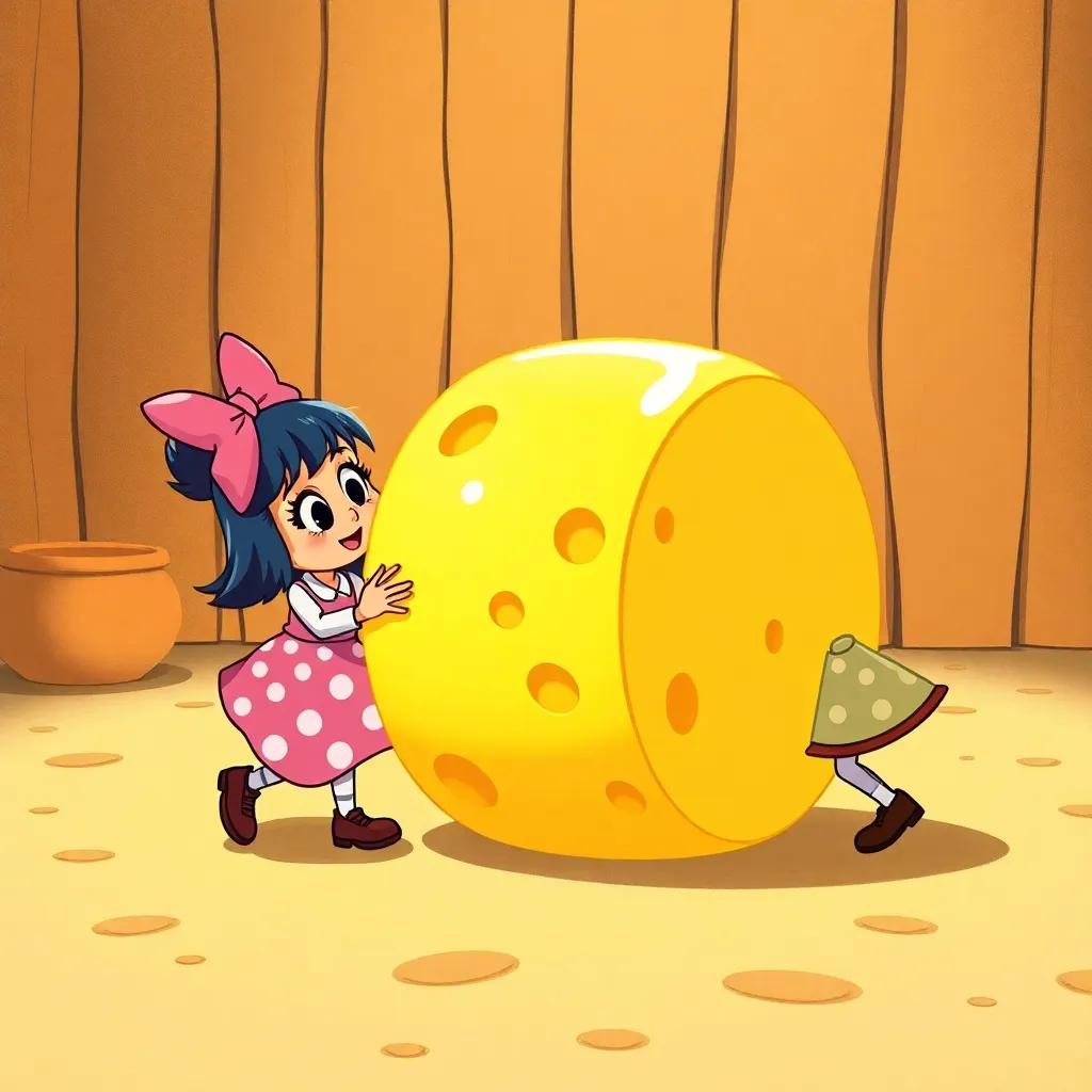 Mimi and Tilly working hard to push and roll the giant cheese, showing their teamwork and determination, warm light, touching moment, detailed illustration, high quality