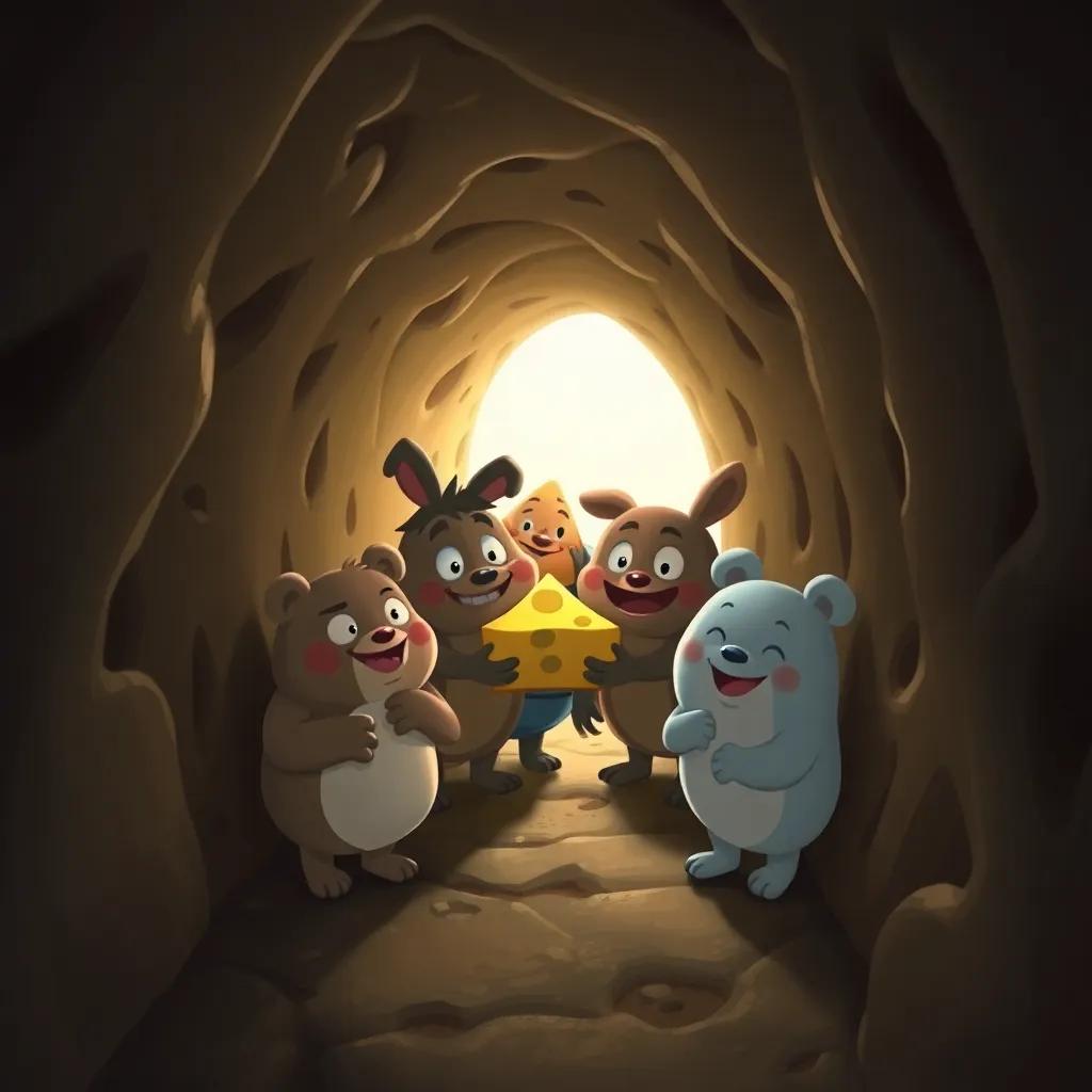 A narrow tunnel where the friends squeeze inside with the cheese, showing their little crowded adventure, slightly dark but cozy, adventurous mood, digital art, cozy atmosphere, high quality