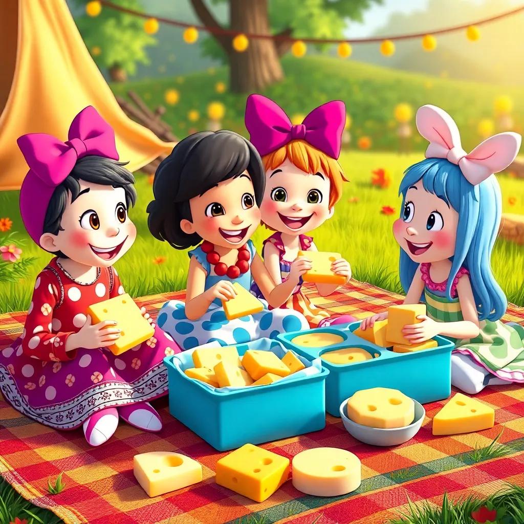 Mimi, Tilly, and their friends celebrating with cheese sandwiches, lively picnic scene filled with laughter and joy, colorful blanket with delicious cheese dishes, detailed, vibrant colors, high quality