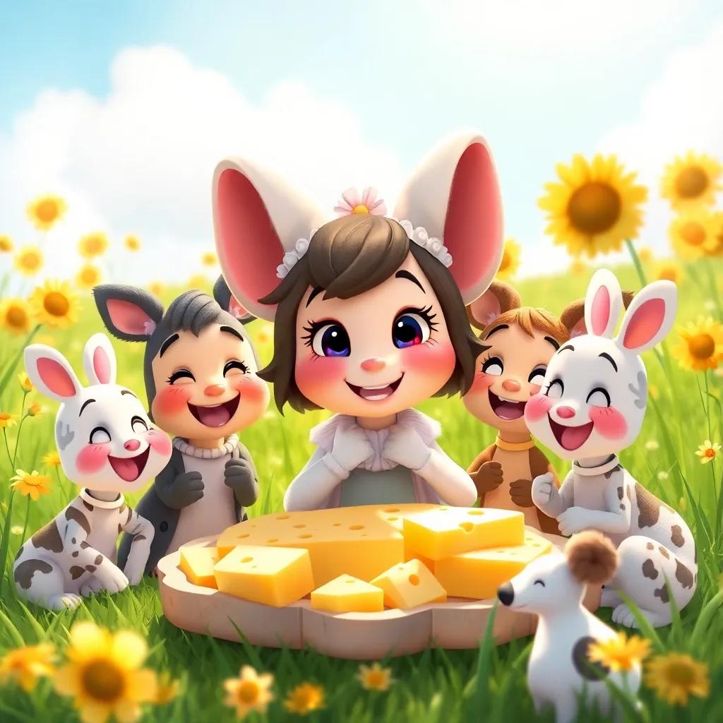Mimi with her friends enjoying a feast of cheese, surrounded by a sunny meadow with more friends, happy and joyful expressions, bright and uplifting atmosphere, detailed illustration, high quality