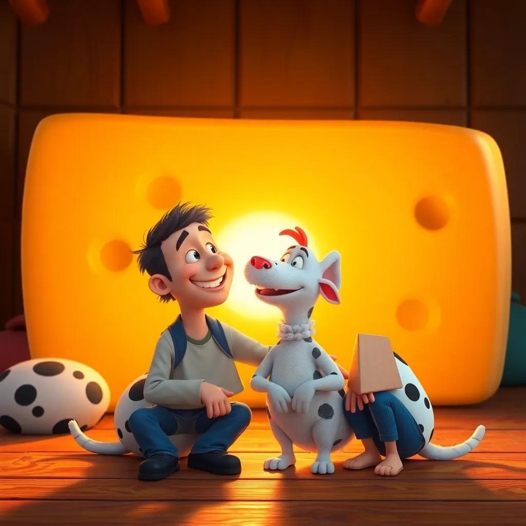 The best friends together, smiling at each other, with the giant cheese in the background, the sun setting, warm light, heartfelt moment of friendship, high quality, vibrant colors
