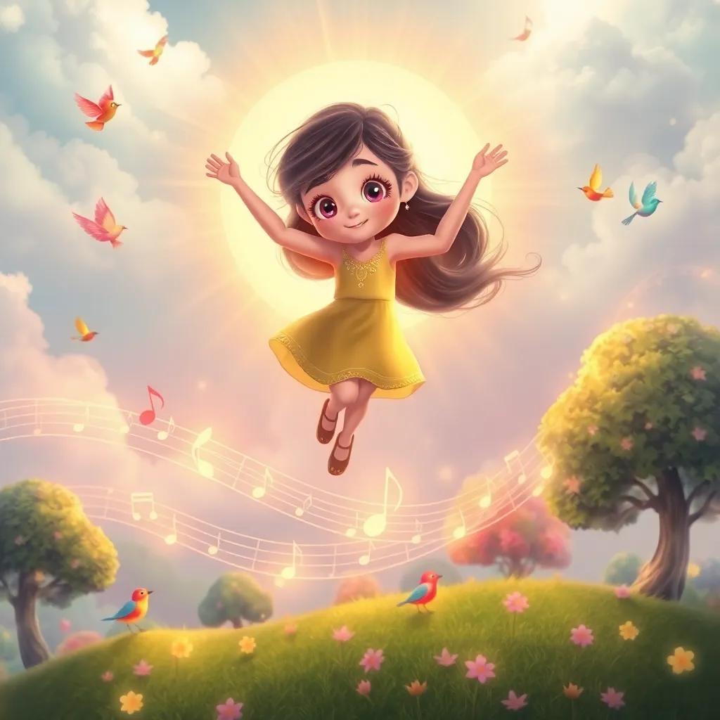 Ellie being surrounded by a warm light, as she floats above magic musical notes, visuals of a dreamy landscape with dancing trees and colorful singing birds, whimsical, fantasy, charming, digital painting, airy, imaginative, magical atmosphere