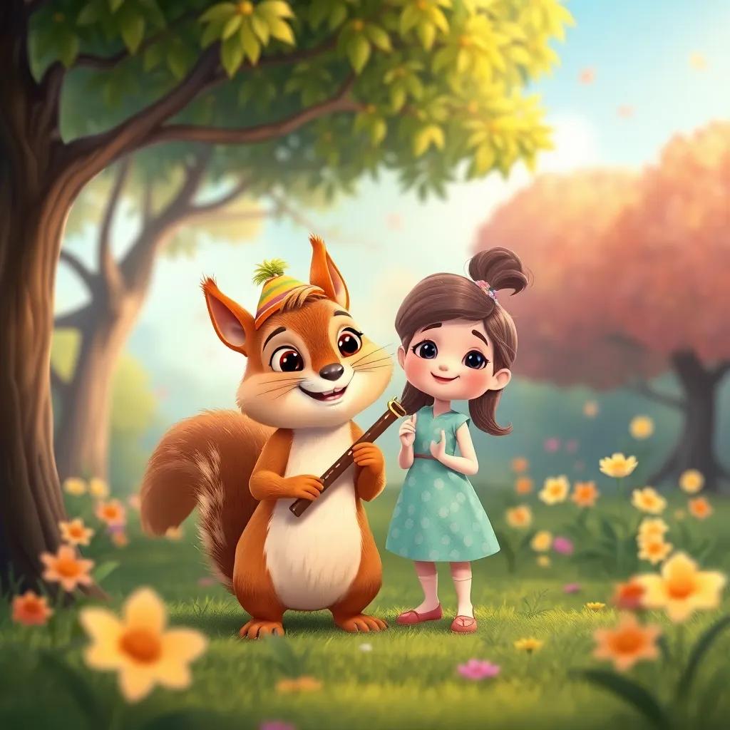 A friendly squirrel named Max, wearing a tiny hat and holding a flute, standing beside Ellie in a vibrant world, trees dancing and flowers swaying, cheerful, lively, illustration, warm ambiance, colorful, friendly scene