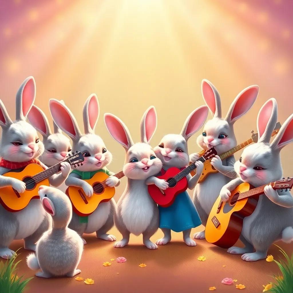 Eleven playful rabbits, each holding a different musical instrument, gathered together playing a lively tune, Ellie laughing and dancing among them, bright and joyful colors, digital art, whimsical, radiant scene, filled with music