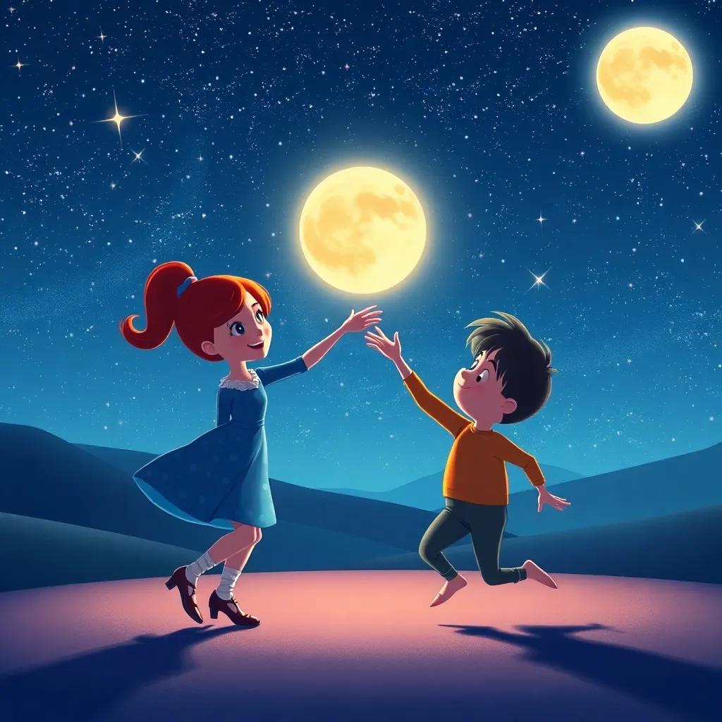 Ellie and Max dancing under a starlit sky, with shimmering stars and a glowing moon that plays a soft lullaby, enchanting scenery, gentle colors, magical night, dreamlike atmosphere, vibrant