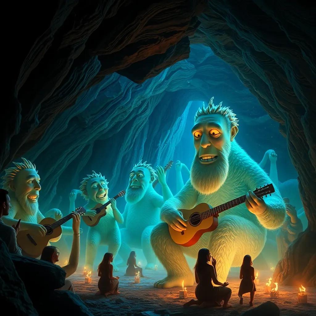 A dark cave filled with gentle musical giants swaying to the rhythm of Ellie's melody, with echoes of harmonies bouncing off the walls, magical glow surrounding the giants, mystical and colorful, enchanting scene, rich details